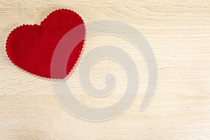 Valentine background with red heart on rustic wood. Happy lovers day card mockup, copy space. Greeting card for Valentine`s Day.