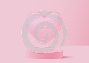 Valentine background vector 3d pink rendering with heart, 3d rendering valentine love pink pastel podium