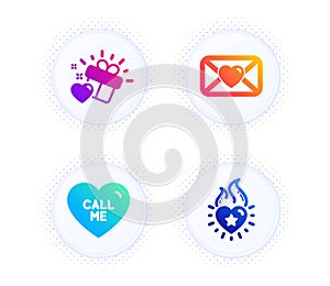 Valentine, Call me and Love gift icons set. Heart flame sign. Love letter, Heart. Love set. Vector