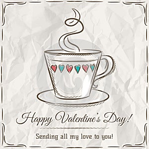 Valentine card with cup of hot drink and wishes text