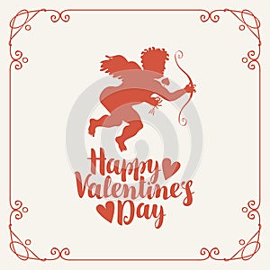 Valentine card with Cupid, bow, arrow and hearts