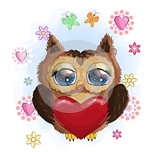 Valentine card with Cute Cartoon Owl in hearts