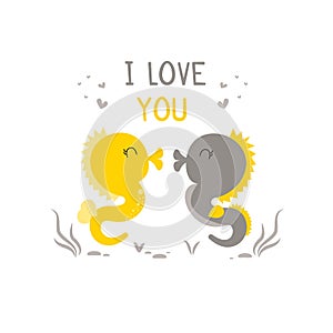 Valentine card with cute seahorse. Love you. Romantic holiday Valentine Day greeting card underwater sea horse couple