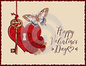 Valentine card with heart, key, roses and butterfly