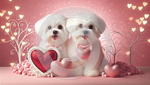 Valentine card with hearts, two white Dwarf Maltese Bolognese dogs on a pastel background with bokeh