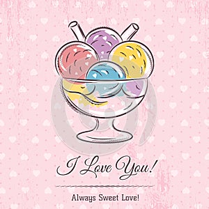 Valentine card with ice cream and wishes text
