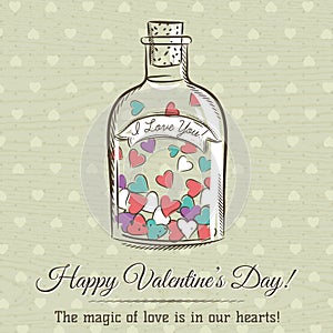Valentine card with jar filled with hearts and wishes text