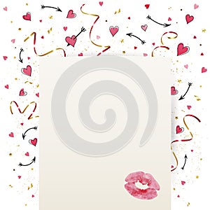 Valentine Card with a Kiss on a Background of Confetti