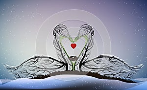 Valentine card love forever, Two swans look like tree branches with the bird nest inside and holding the heart,