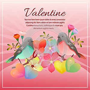 Valentine card with love shape flower and couple bird