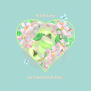 Valentine card with love at Valentine`s Day. Heart of apples and