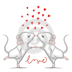 Valentine card with loving mice and calligraphy word LOVE.