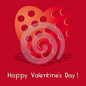 Valentine card with red heart with holes on red background