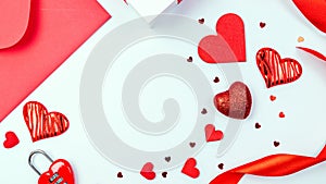 Valentine card. Red heart, romantic gift on love white background with copy space. Valentines day gift decoration