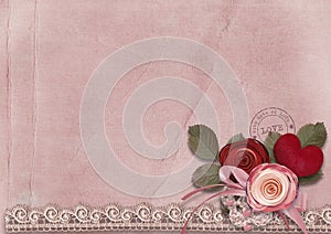 Valentine card with red heart and roses