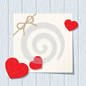 Valentine card with red hearts on a blue wooden background. Vector eps-10.