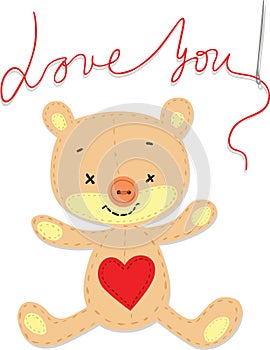 Valentine Card with Sewn Embroidered Teddy Bear - Love You - Vector Illustration on White Background