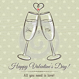 Valentine card with two glass of wine and wishes text