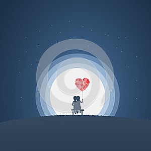 Valentine card vector illustration template with cute couple sitting on a bench at night in moonlight. Moon shining, two