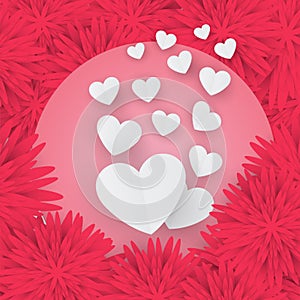 Valentine card with white heart on a pink floral background