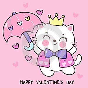 Valentine cat cute cartoon holding umbrella with heart (kitten playing). Series: love festival kawaii animals