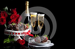 Valentine Champagne Roses Chocolate Covered Strawberries photo