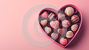 Dessert for Valentine's Day. Homemade heart shaped chocolate candies in pink heart shaped box. Top view with copy