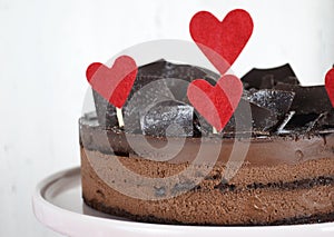 Valentine chocolate mousse layer gateau cake - closeup.