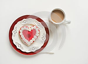 Valentine Cookie on White and Red Plates with Cup of Coffee