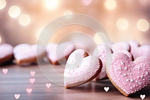 Valentine cookies, The pink hearts bokeh background should feature sparkling lights, creating a dreamy and magical ambiance