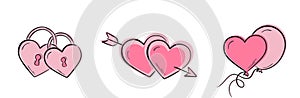 valentine couple icons. pink hearts with arrow, padlock locked hearts and heart balloon. love and romantic symbols