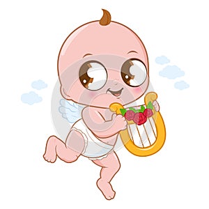 Valentine cupid baby playing a harp. Valentine day baby cupid angel with wings and harp. Vector illustration