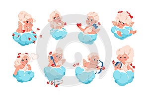 Valentine Cupid. Cartoon baby angel of love sitting on clouds with bow and arrows. Funny love and romance symbol. Cherubs shooting