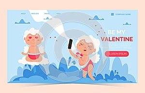 Valentine Cupid love angel landing page. Cute boy or girl cupid. Flying angel