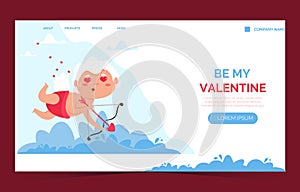 Valentine Cupid love angel landing page. Cute boy or girl cupid. Flying angel