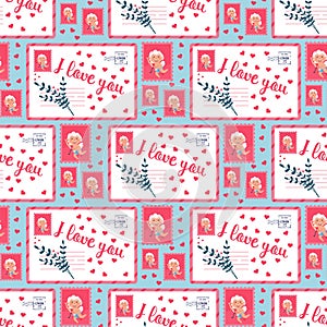 Valentine Cupid love angel seamless pattern. Cute boy or girl cupid. Flying angel