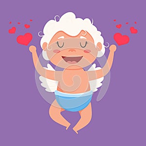 Valentine Cupid love playfully angel. Cute boy or girl cupid. Flying angel love shoots bow hearts