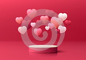 Valentine 3D red background with realistic pink cylinder pedestal podium, Floating flying hearts balloon. Minimal wall scene