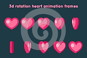 Valentine Day 3d Heart Rotation Animation Frames Set Flat Design Vector Illustration