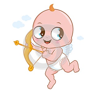 Valentine day baby cupid angel with wings and bow and arrow. Vector illustration