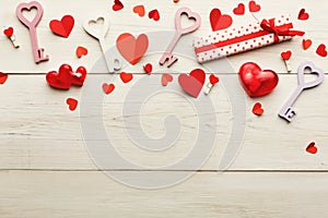 Valentine day background, handmade hearts on wood with copy space
