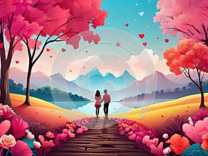 Valentine Day background with nature landscape, red hearts and a couple, generated by AI