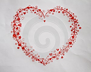 Valentine day background with red hearts frame frame of flowers and hearts hand drawn red pencil on paper