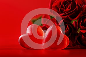Valentine Day Background - Red Roses And Two Hearts In Scarlet Romantic Card