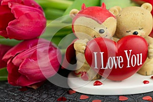 valentine day background  with tulips and Teddy bears