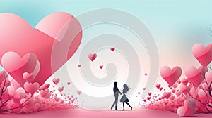 Valentine Day banner background with colorful hearts and a couple, generated by AI