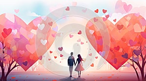 Valentine Day banner background with colorful hearts and a couple, generated by AI