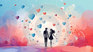 Valentine Day banner background with colorful hearts and a couple, generated by AI