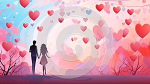 Valentine Day banner background with colorful hearts and a couple, generated by AI