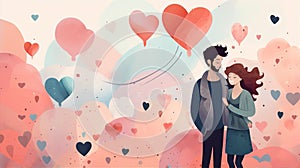 Valentine Day banner background with colorful hearts and a couple, generated by AI